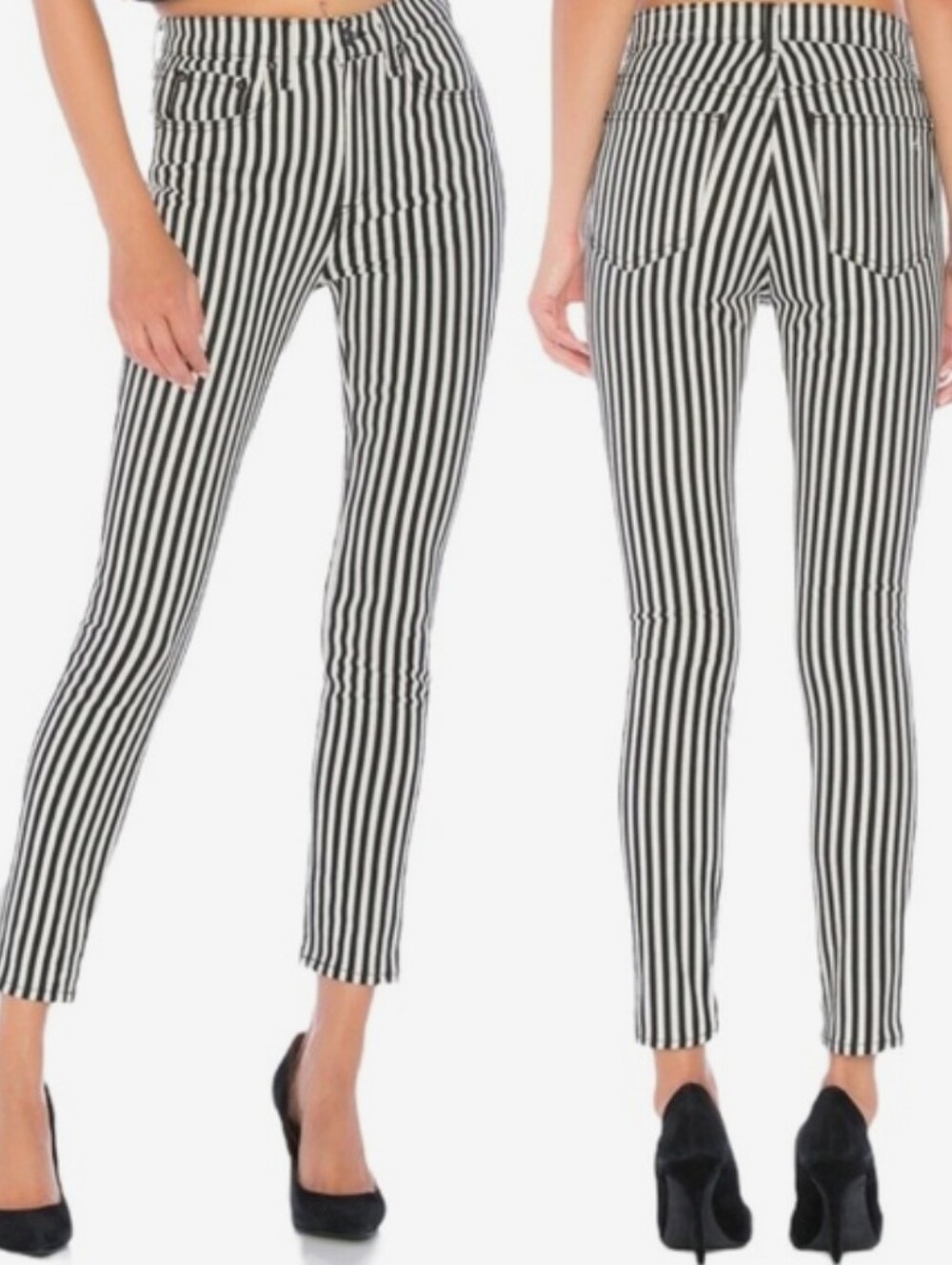 rag & bone Black and White Striped High-rise Raw Hem Skinny Jeans, Size 28